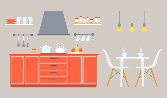 The interior of the kitchen and dining room with furniture and utensils. Modern flat style room. Vector illustration on the theme of interior design, repair, relocation and space planning.